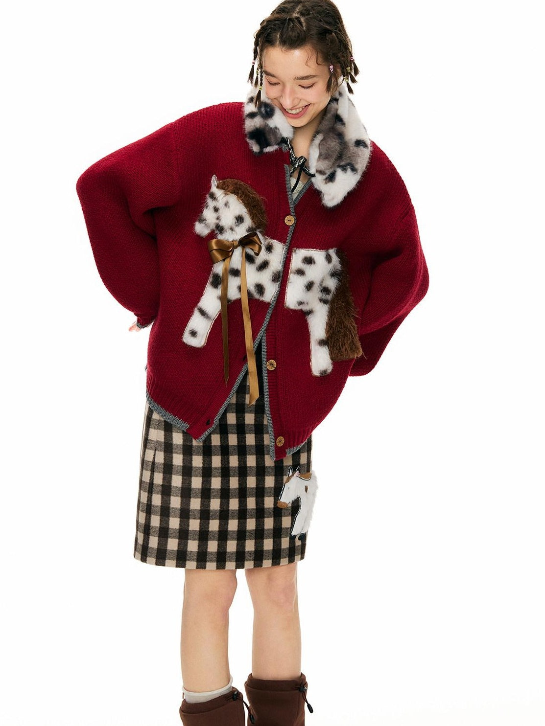 OuttheBlue Cozy Acrylic Wool Cartoon Burgundy Commuter Long Sleeve Single Button Cardigans