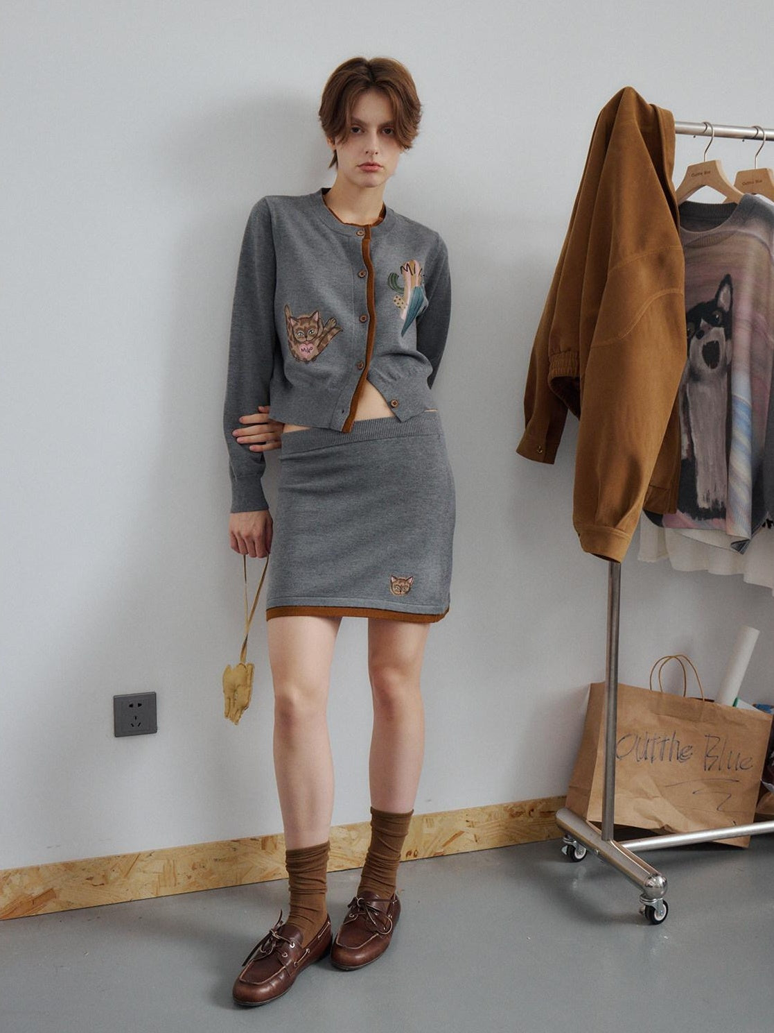 OuttheBlue Cozy Buttoned Gray Cardigan Two Piece Crewneck Long Sleeve Top & Skirt Sets