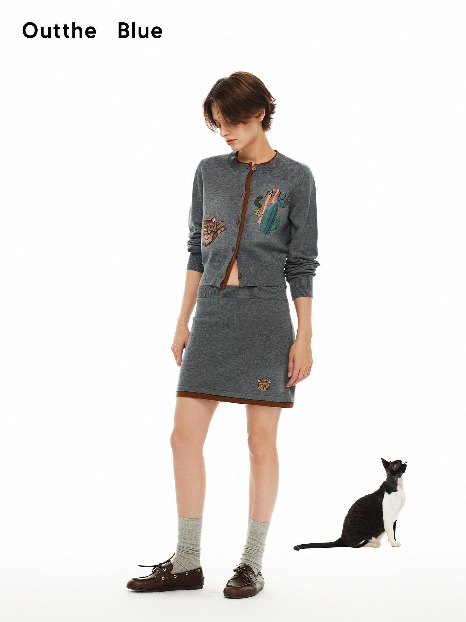 OuttheBlue Cozy Buttoned Gray Cardigan Two Piece Crewneck Long Sleeve Top & Skirt Sets