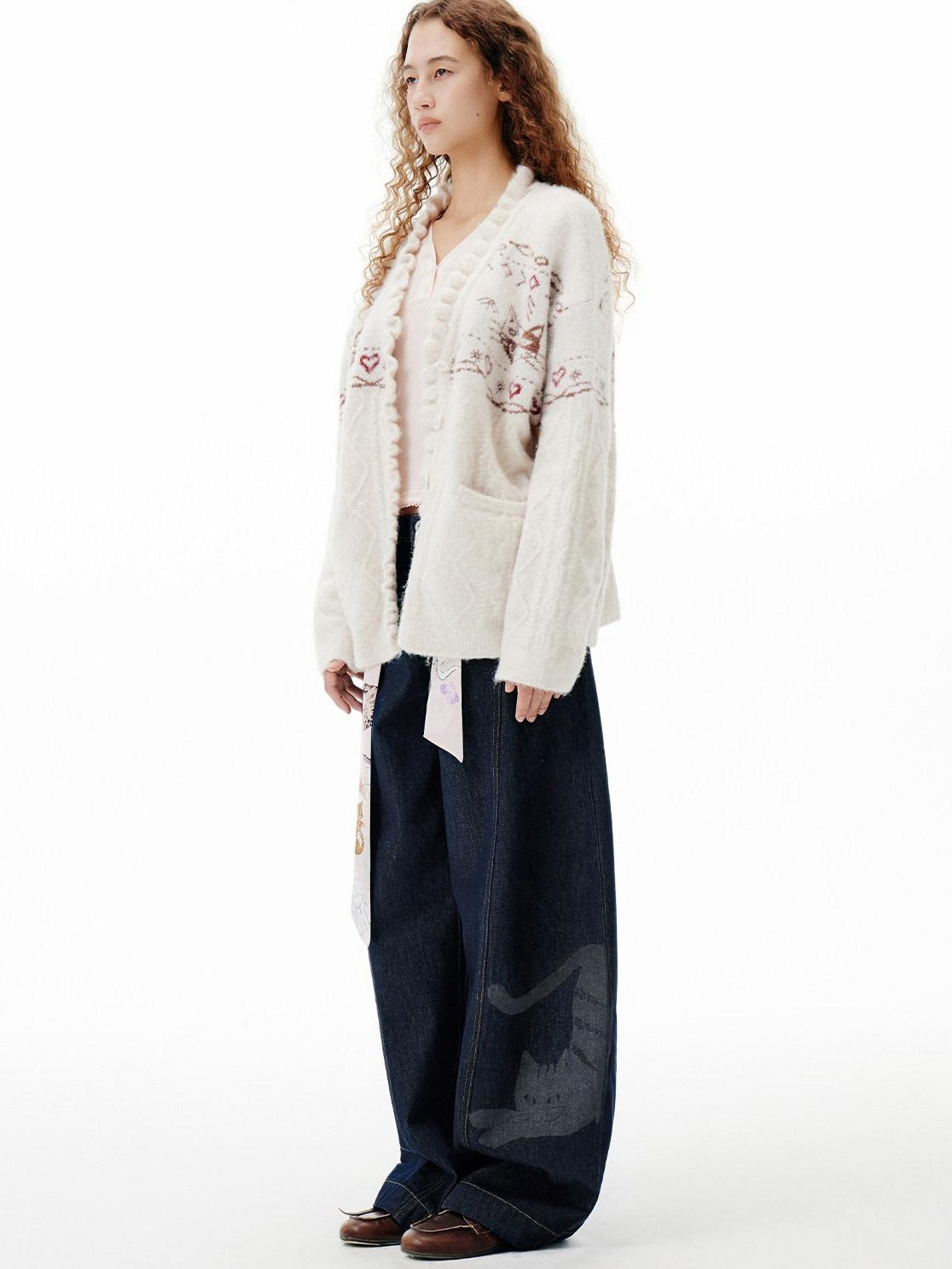 OuttheBlue Cozy Embroidered Animal Floral Loose V-neck Women Commuter Knit Cardigans