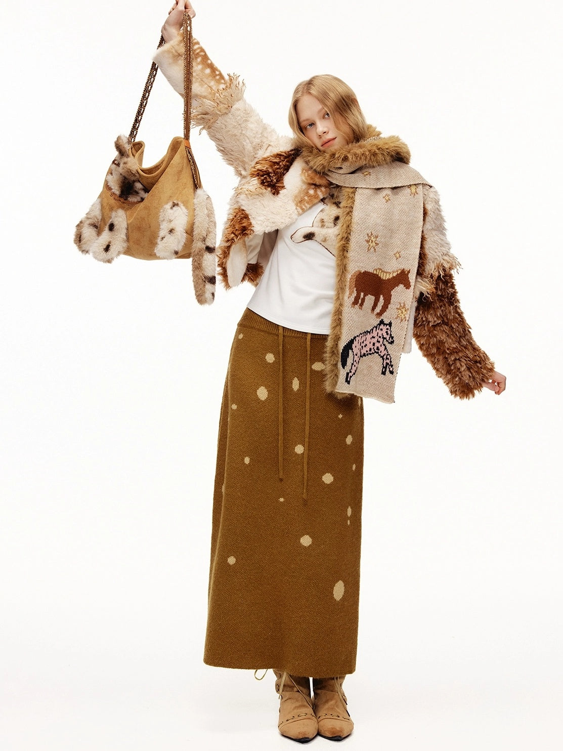 OuttheBlue Cozy High Neck Waist Cinch Casual Travel Printed Animal Two Piece Women Sweater