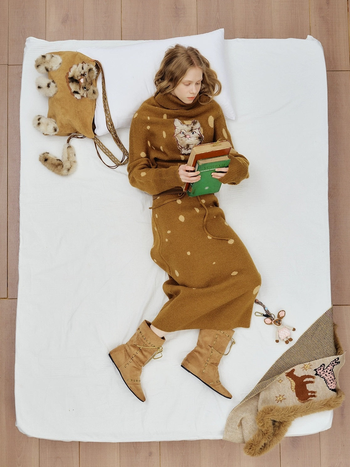 OuttheBlue Cozy High Neck Waist Cinch Casual Travel Printed Animal Two Piece Women Sweater