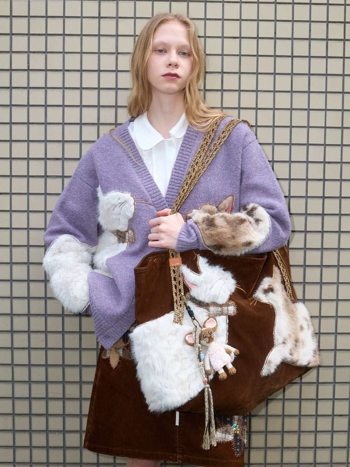 OuttheBlue Cozy Thick Embroidered Casual Loose Cardigan Taro Purple Wool Blend Sweater