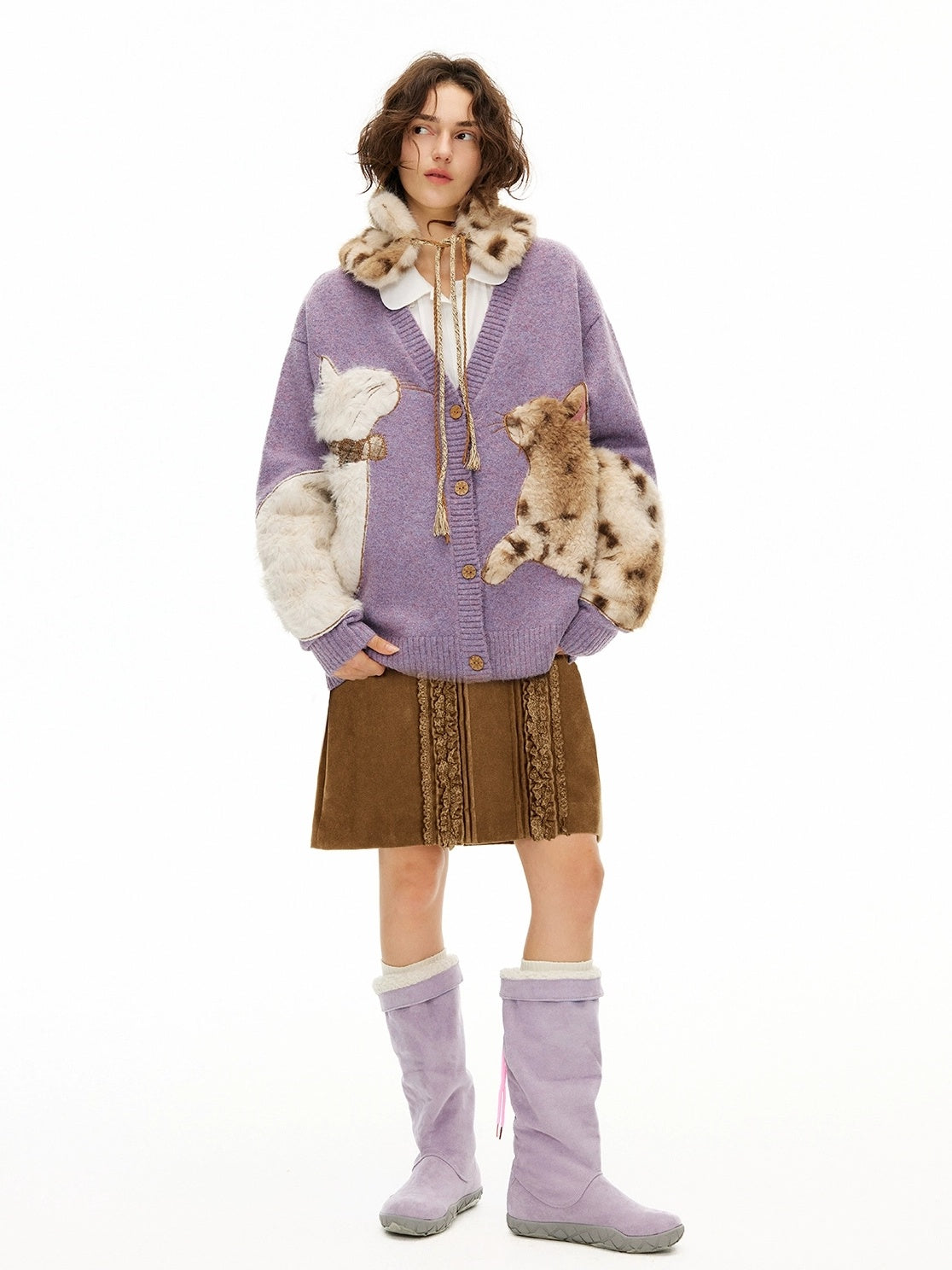 OuttheBlue Cozy Thick Embroidered Casual Loose Cardigan Taro Purple Wool Blend Sweater