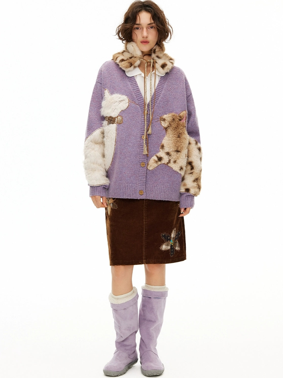 OuttheBlue Cozy Thick Embroidered Casual Loose Cardigan Taro Purple Wool Blend Sweater