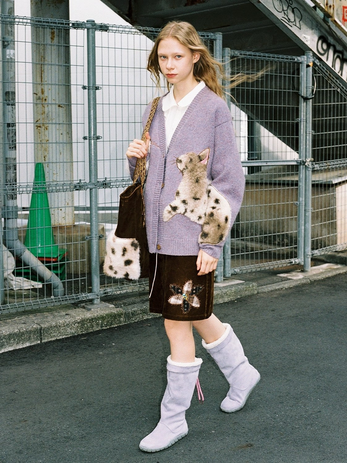 OuttheBlue Cozy Thick Embroidered Casual Loose Cardigan Taro Purple Wool Blend Sweater