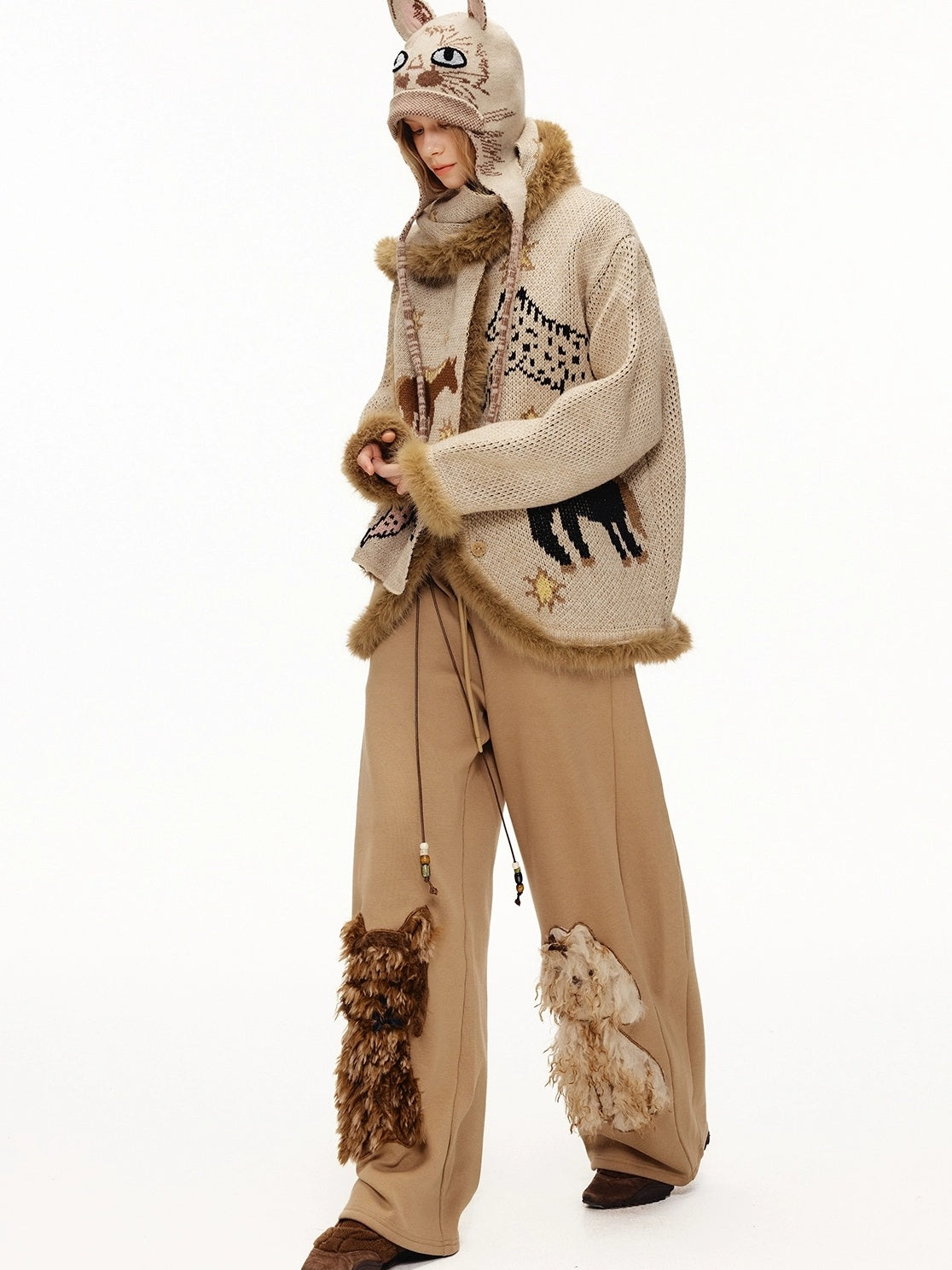 OuttheBlue Cozy Thick Jacquard Relaxed Fit Casual Women Animal Button Cardigan Sweater