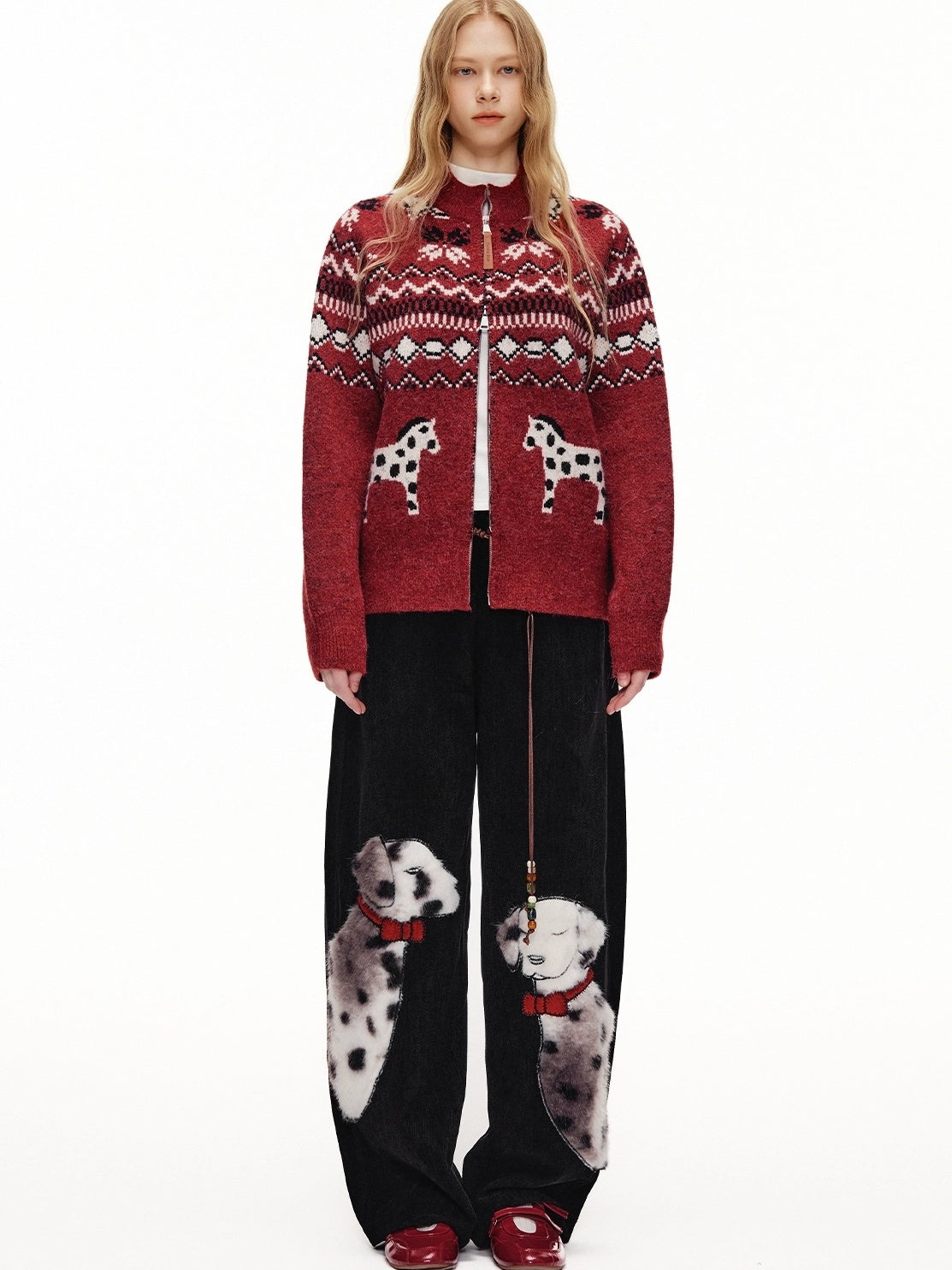 OuttheBlue Cozy Thick Zip Up Jacquard Cardigan Loose Fit Women Burgundy Animal Sweater