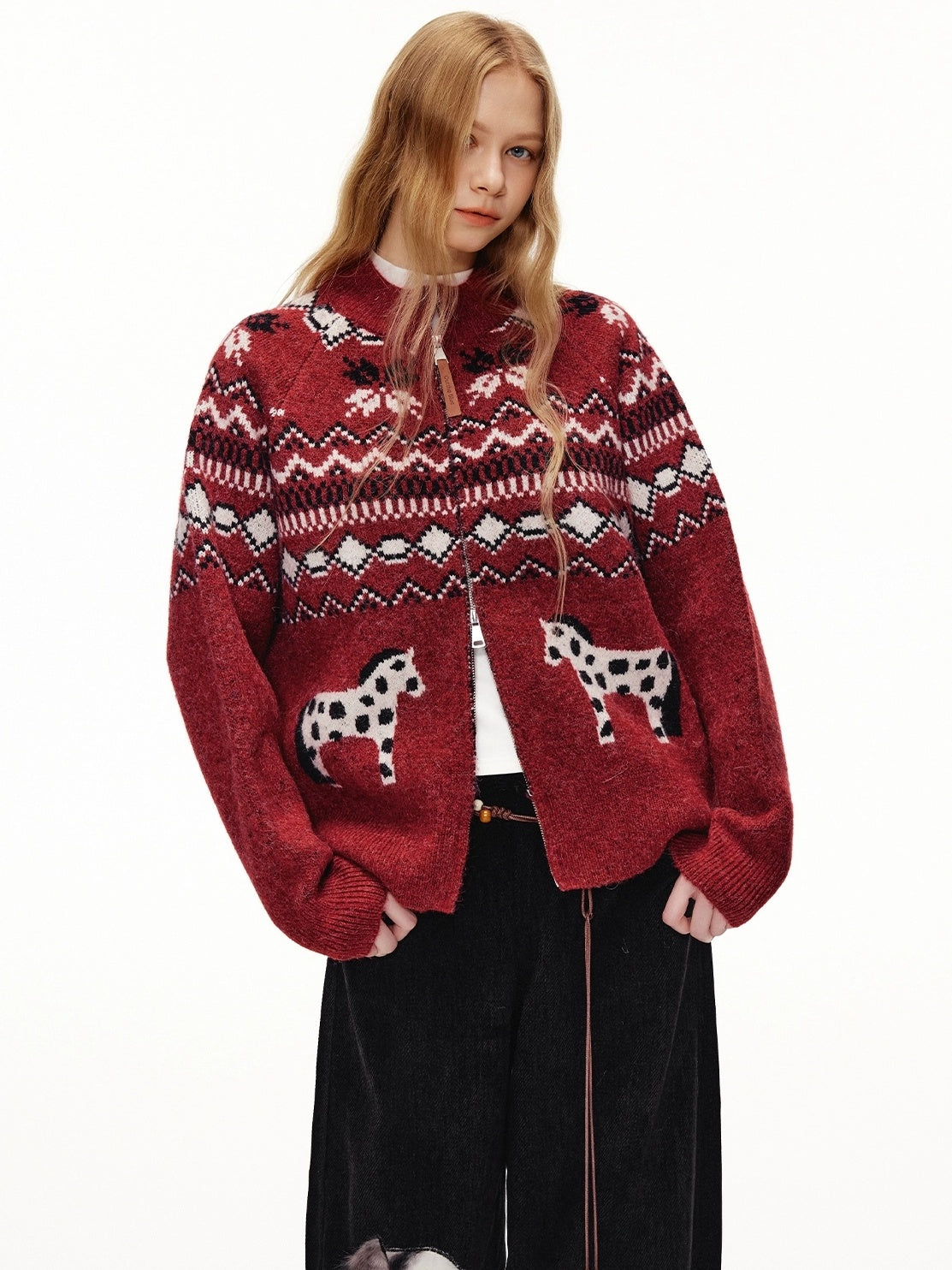 OuttheBlue Cozy Thick Zip Up Jacquard Cardigan Loose Fit Women Burgundy Animal Sweater