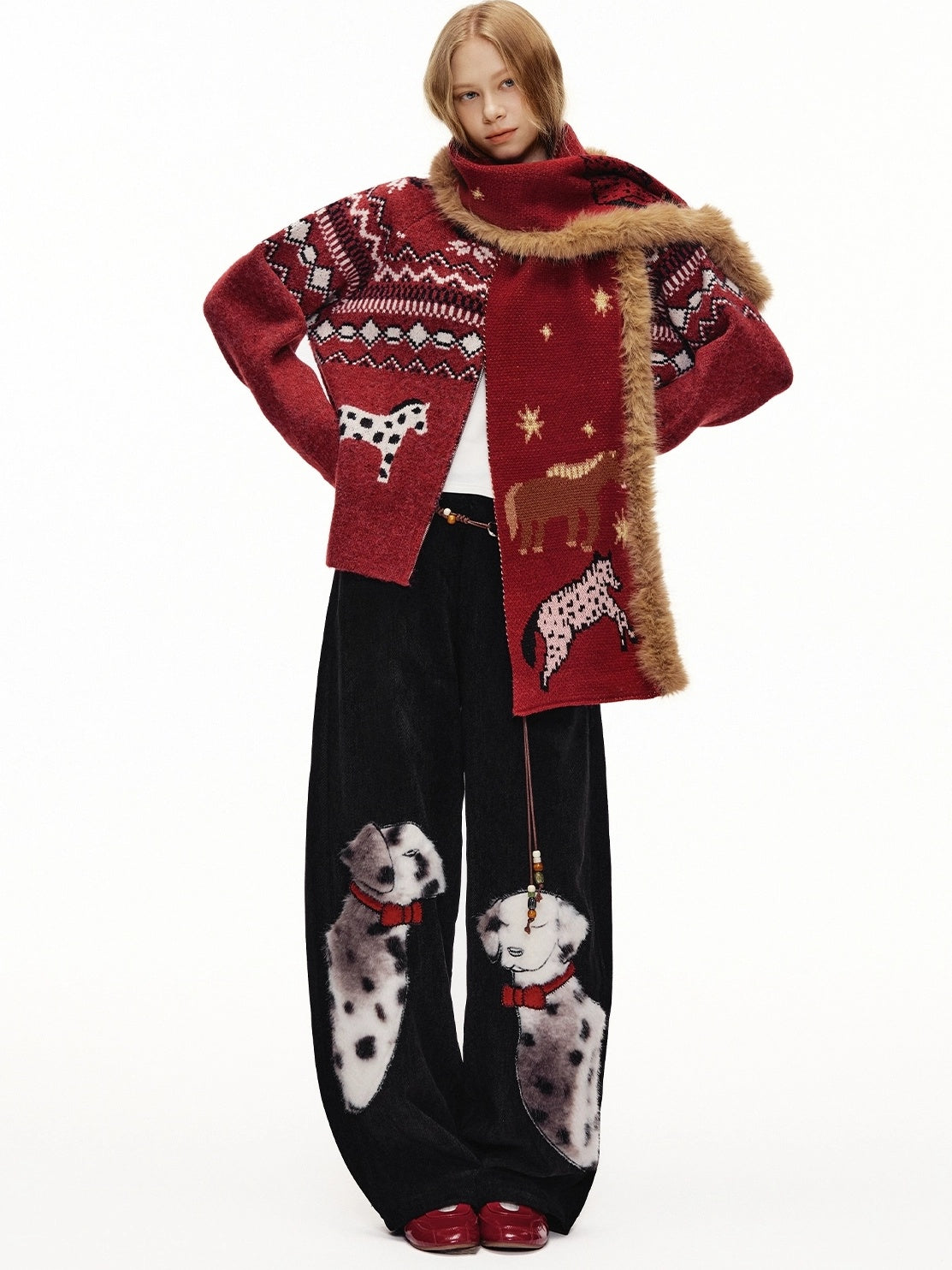 OuttheBlue Cozy Thick Zip Up Jacquard Cardigan Loose Fit Women Burgundy Animal Sweater