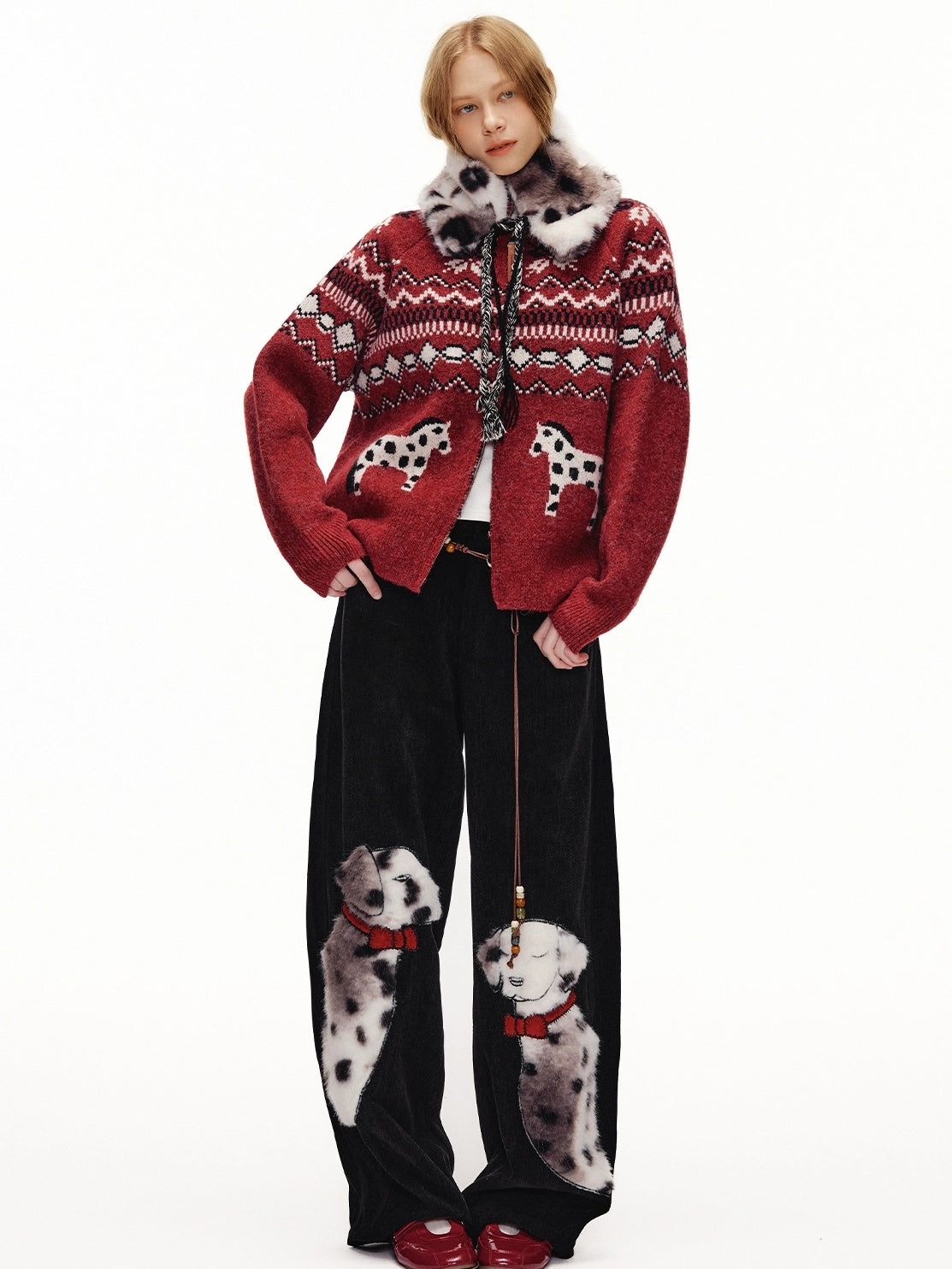 OuttheBlue Cozy Thick Zip Up Jacquard Cardigan Loose Fit Women Burgundy Animal Sweater