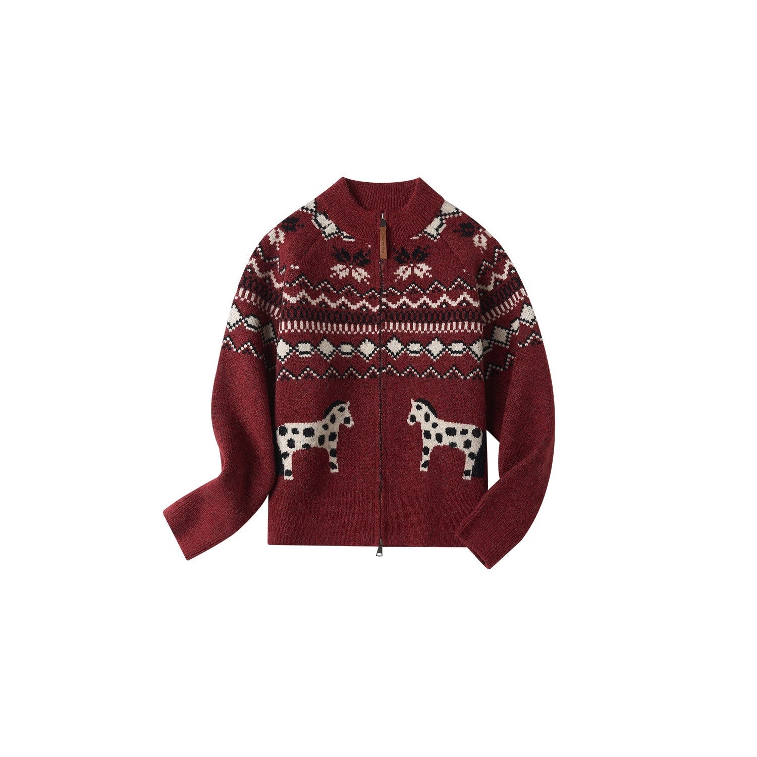 OuttheBlue Cozy Warm Relaxed Fit Jacquard High Neck Zipper Women Burgundy Knit Cardigans