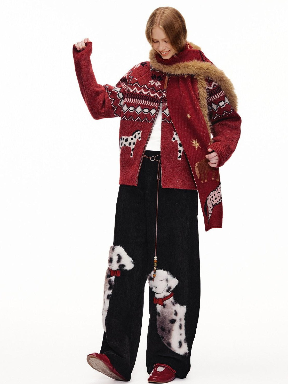 OuttheBlue Cozy Warm Relaxed Fit Jacquard High Neck Zipper Women Burgundy Knit Cardigans