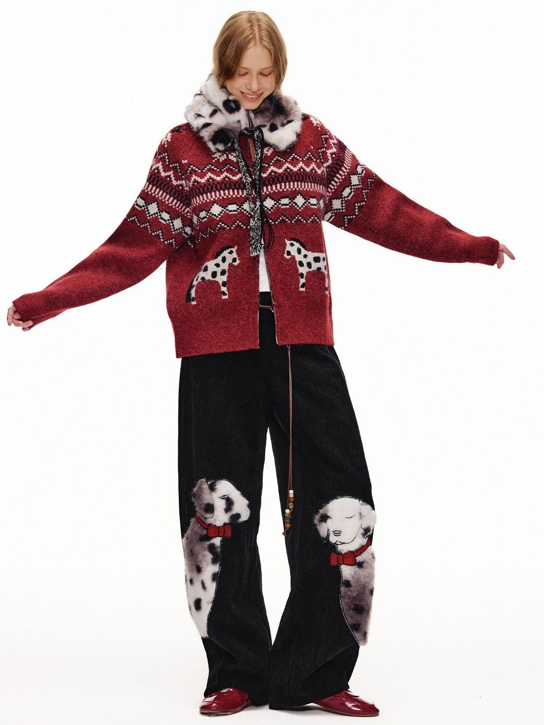 OuttheBlue Cozy Warm Relaxed Fit Jacquard High Neck Zipper Women Burgundy Knit Cardigans