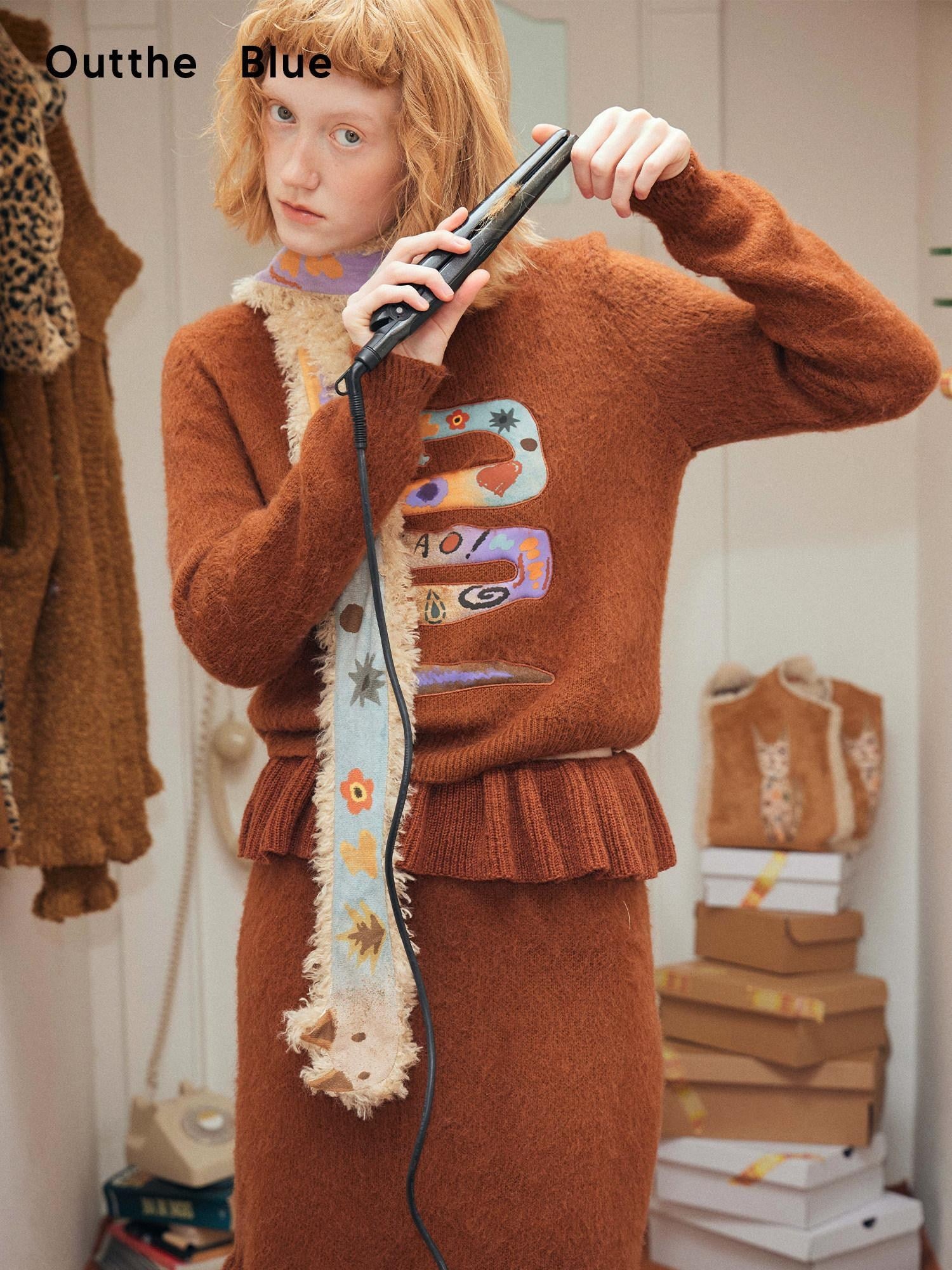 OuttheBlue Cozy Wool Blend Animal Print Relaxed Office Pullover Crop Top & Skirt Sets