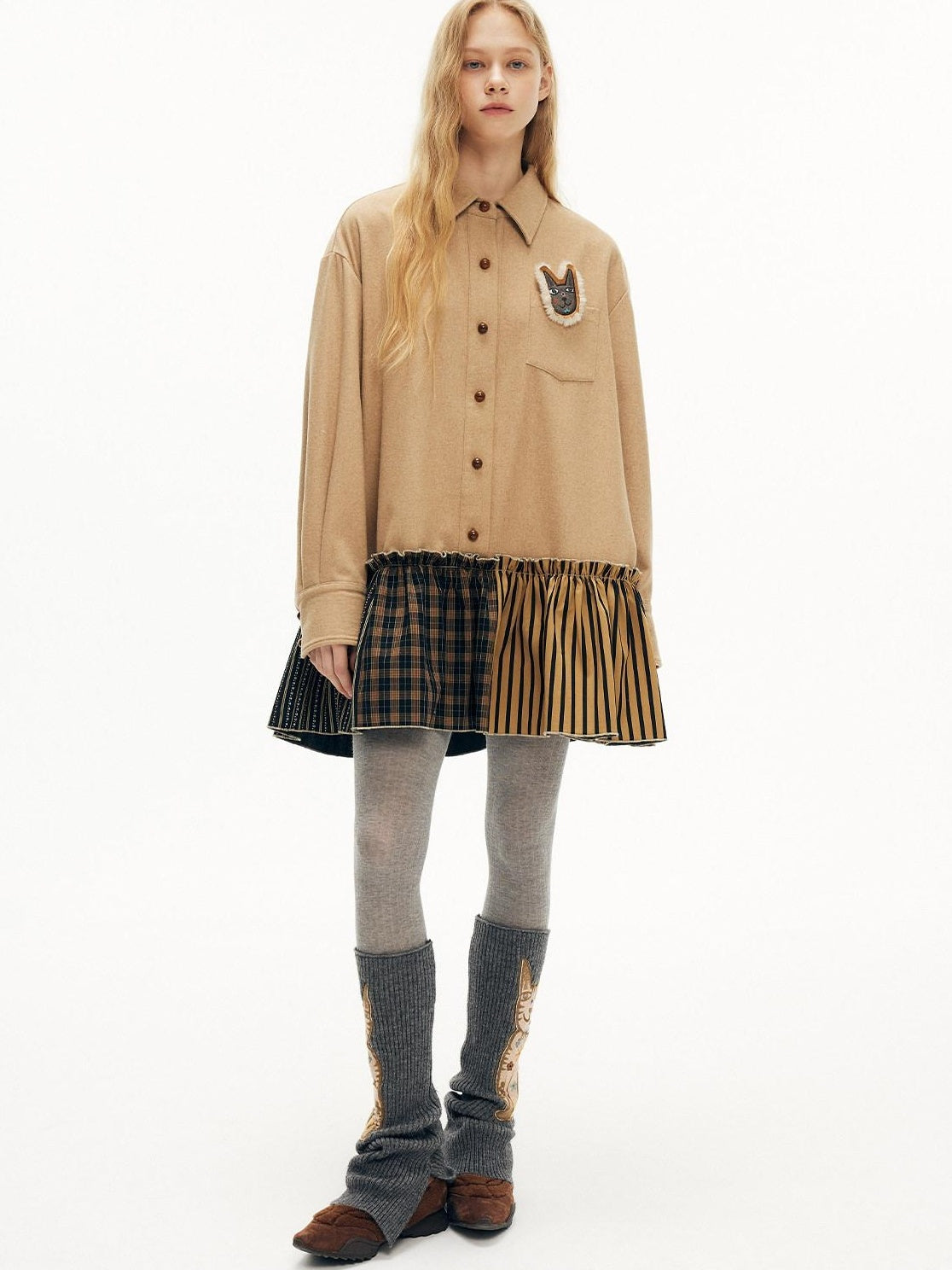 OuttheBlue Cozy Wool Blend Plaid A Line Dress Women Beige Camel Plaid Casual Mini Dresses