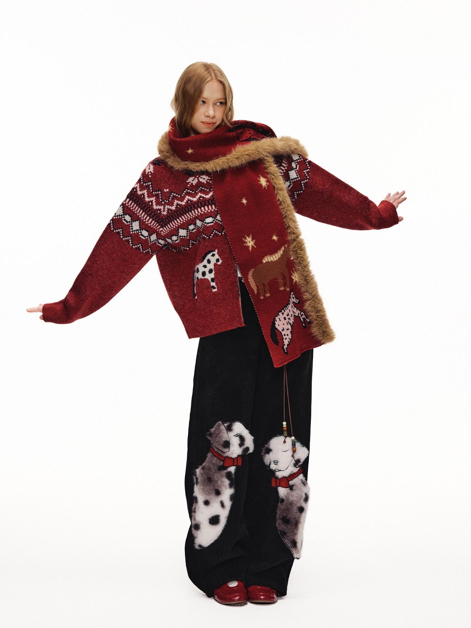 OuttheBlue Cozy Wool Blend Warm Neck Warmer Korean Style Unisex Animal Print Scarves