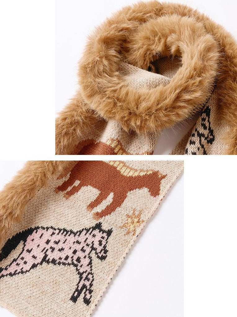 OuttheBlue Cozy Wool Blend Warm Neck Warmer Korean Style Unisex Animal Print Scarves