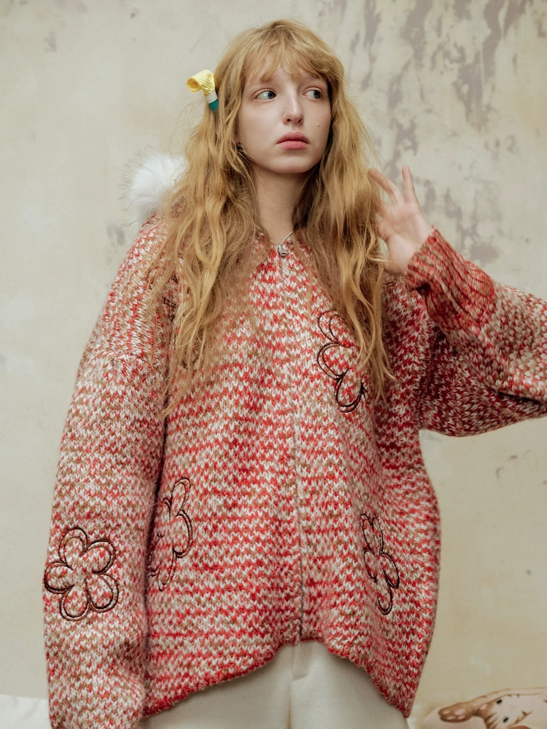 OuttheBlue Cozy Zip Hooded Cardigan Loose Fit Commuter Chic Women Acrylic Red Sweater