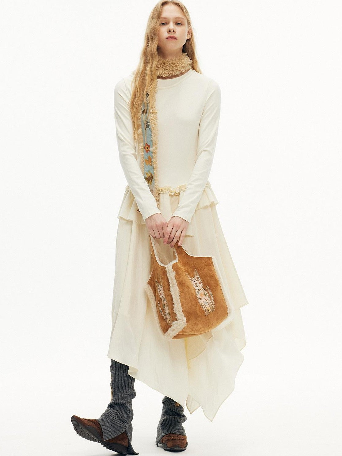 OuttheBlue Cream Intricate Lace Asymmetric Slimming Fleece Women&