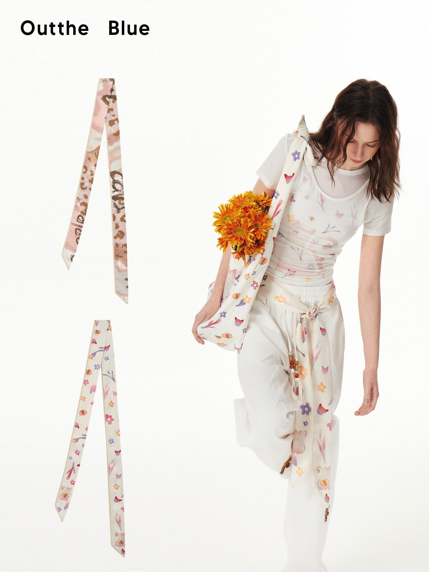 OuttheBlue Cute Cat Floral Print Scarf Style Polyester Waist Belt For Women Belts