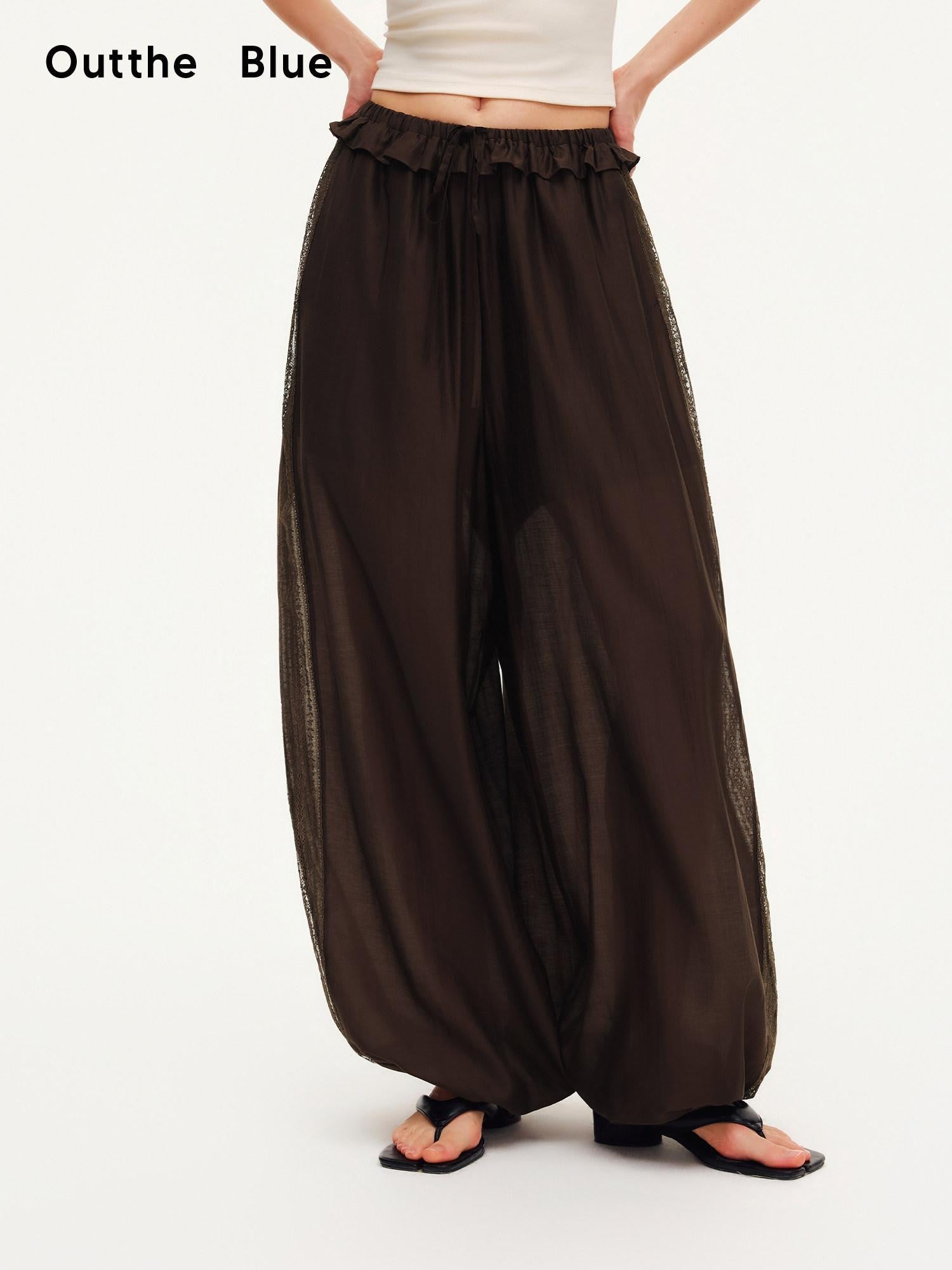 OuttheBlue Deep Chocolate Brown Lace Cutout Ruffle Peony Pocket Women&