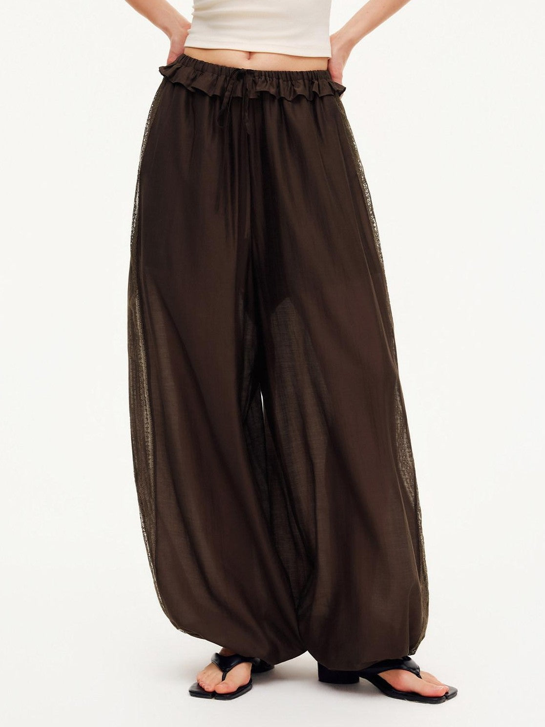 OuttheBlue Deep Chocolate Brown Lace Cutout Ruffle Peony Pocket Women&
