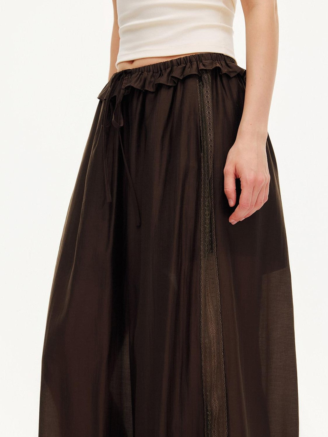OuttheBlue Deep Chocolate Brown Lace Cutout Ruffle Peony Pocket Women&