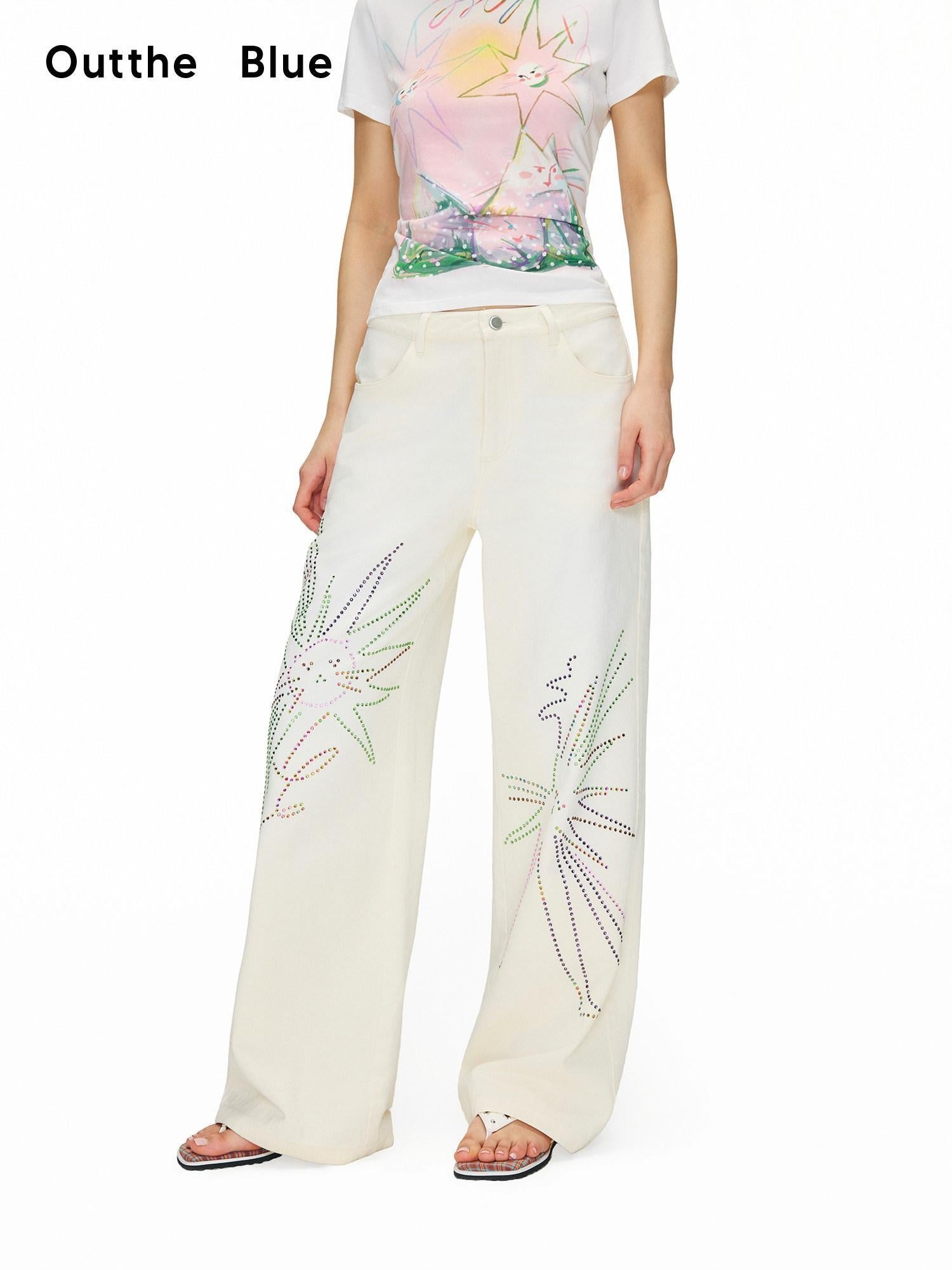 OuttheBlue Distressed Washed White Denim Relaxed Mid Rise Printed Teen Girls Chinos