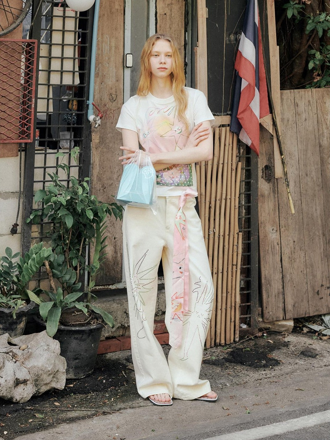 OuttheBlue Distressed Washed White Denim Relaxed Mid Rise Printed Teen Girls Chinos