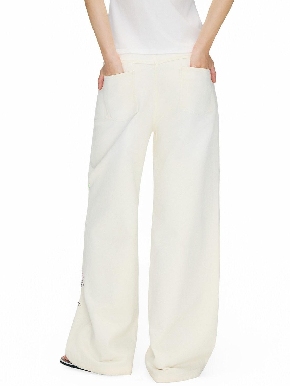 OuttheBlue Distressed Washed White Denim Relaxed Mid Rise Printed Teen Girls Chinos
