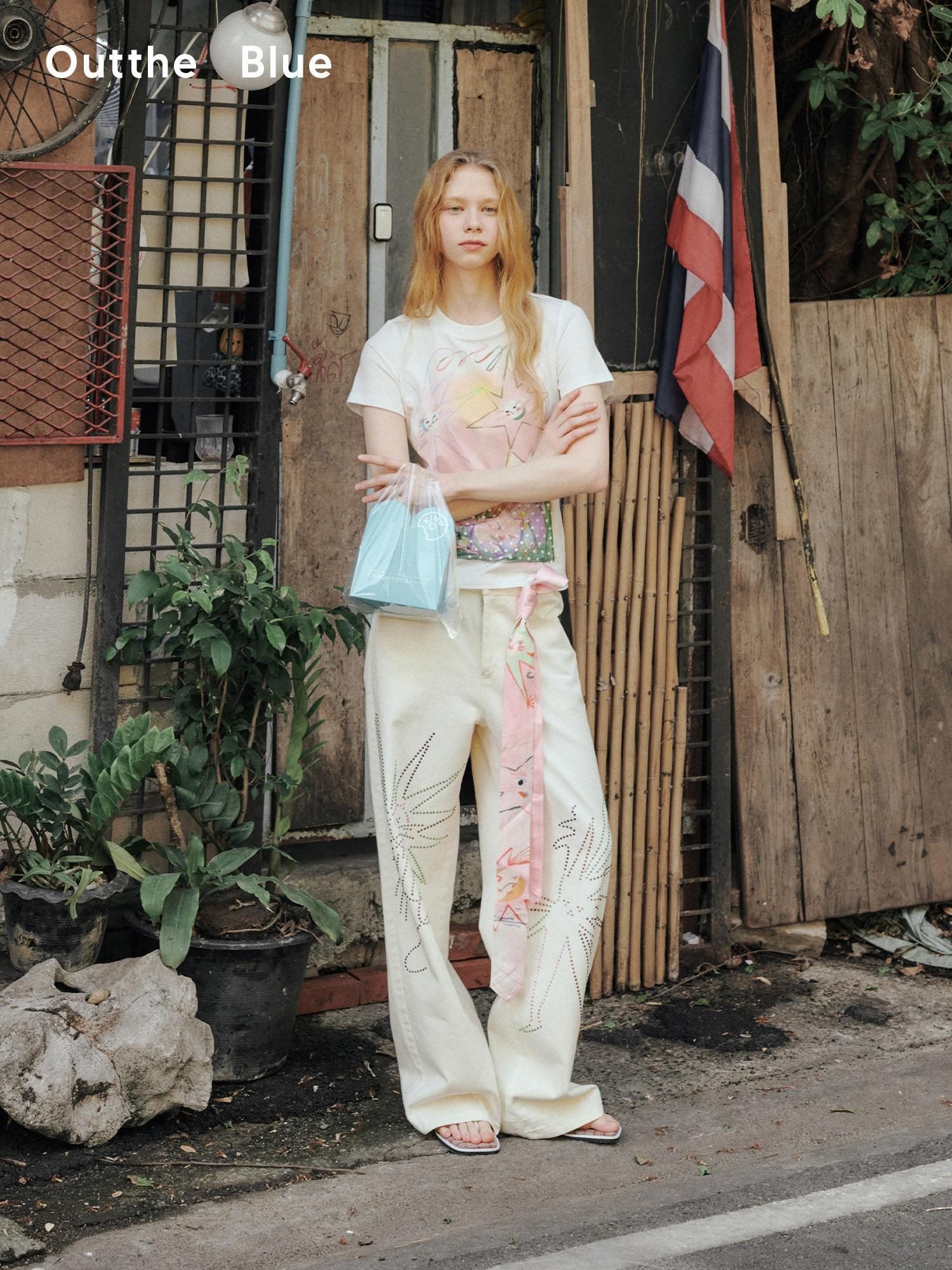 OuttheBlue Distressed Washed White Denim Relaxed Mid Rise Printed Teen Girls Chinos