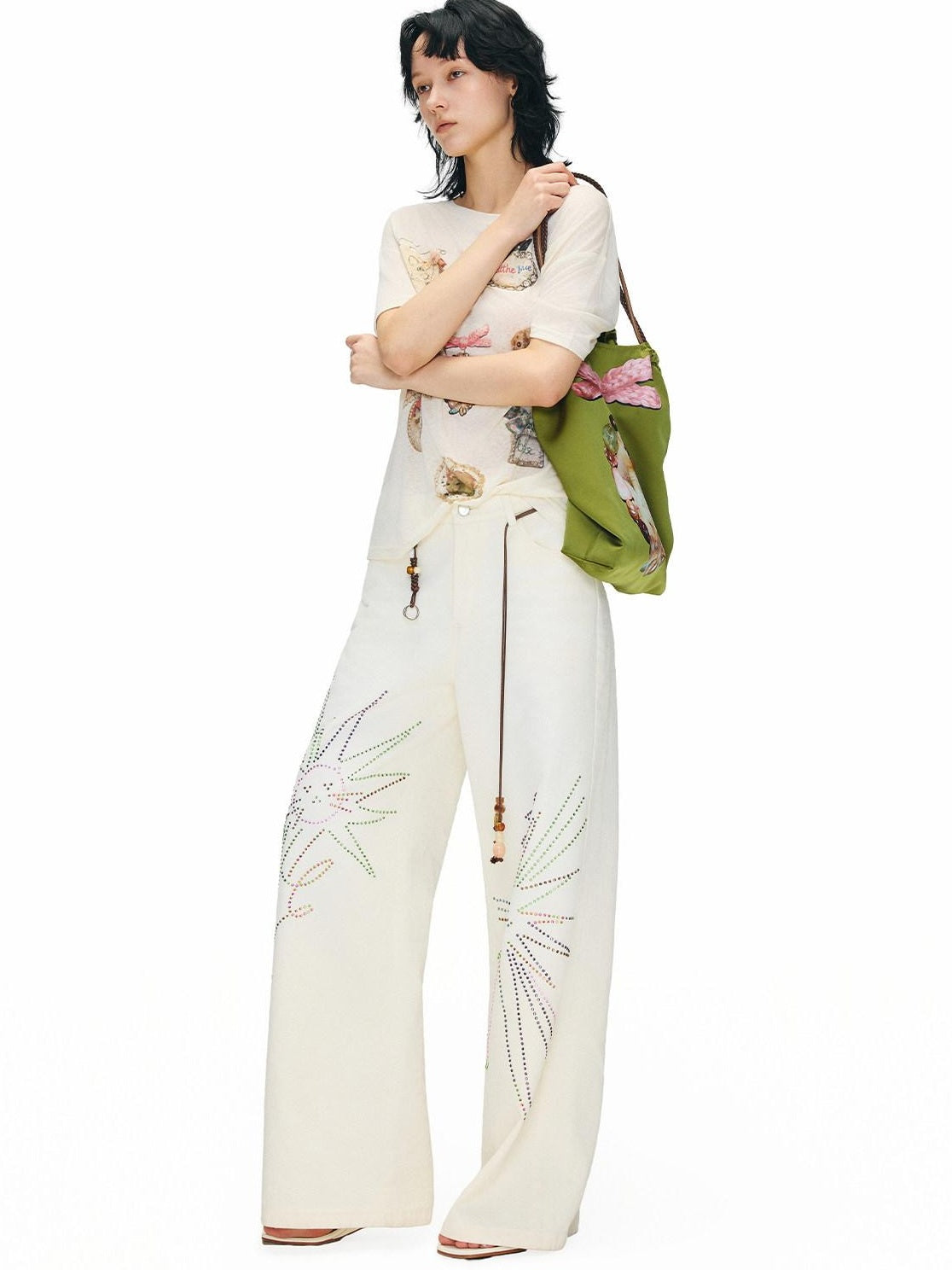 OuttheBlue Distressed Washed White Denim Relaxed Mid Rise Printed Teen Girls Chinos