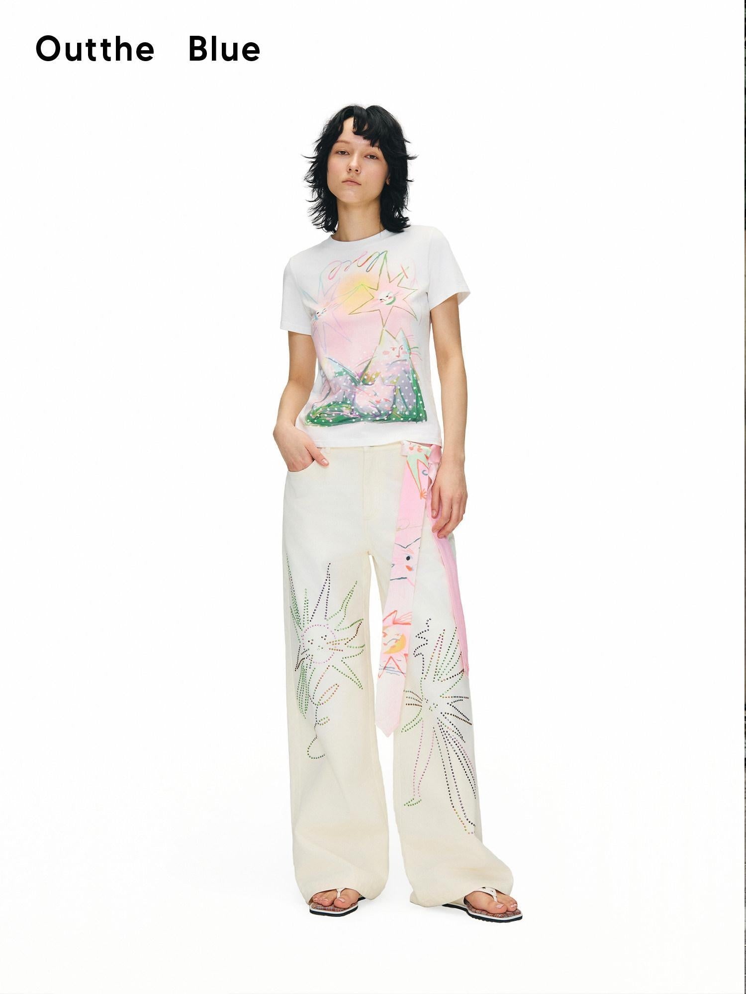 OuttheBlue Distressed Washed White Denim Relaxed Mid Rise Printed Teen Girls Chinos