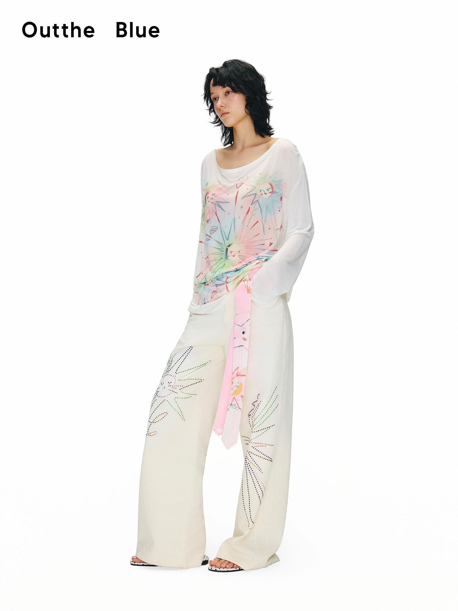 OuttheBlue Distressed Washed White Denim Relaxed Mid Rise Printed Teen Girls Chinos