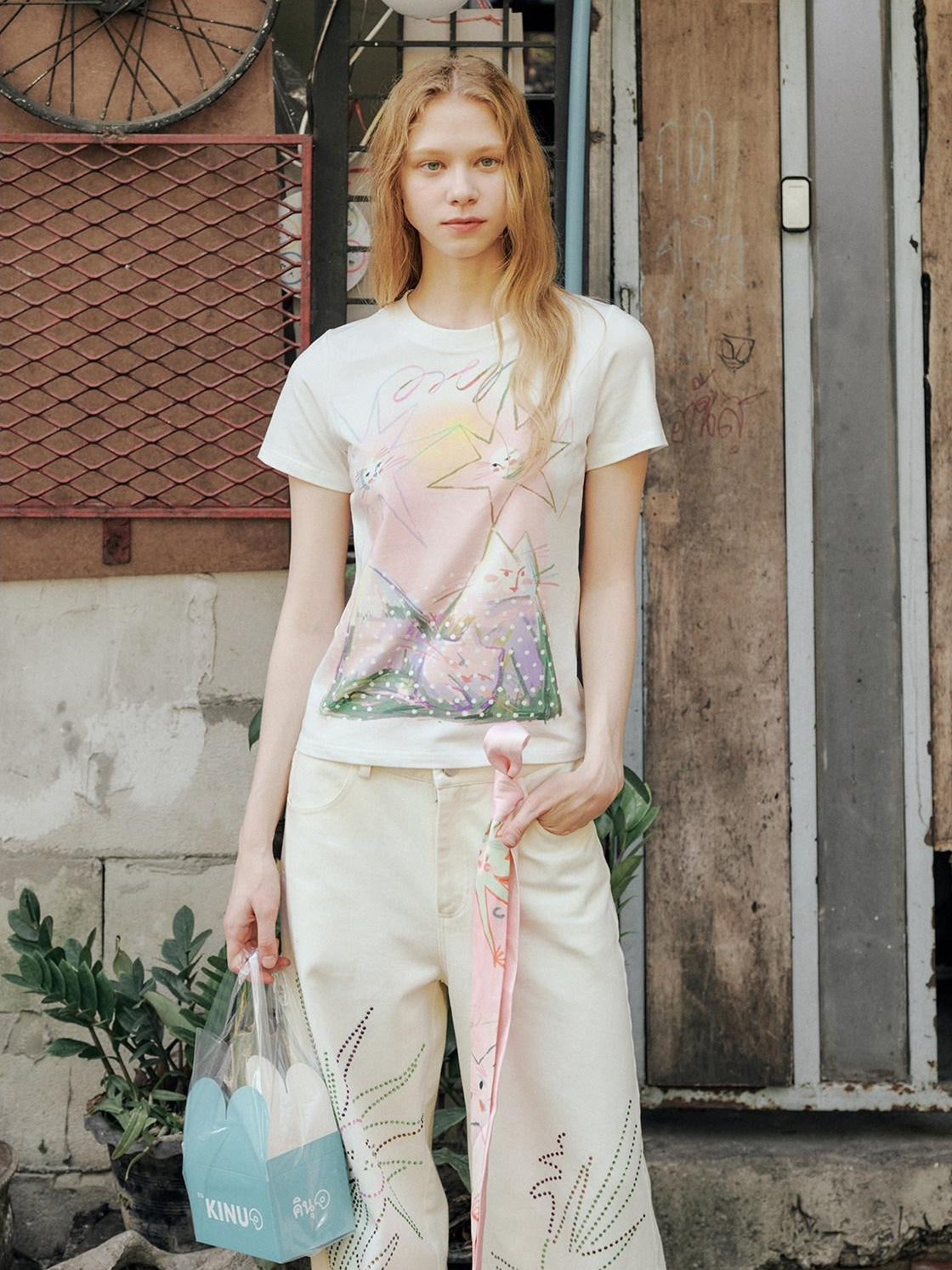 OuttheBlue Distressed Washed White Denim Relaxed Mid Rise Printed Teen Girls Chinos