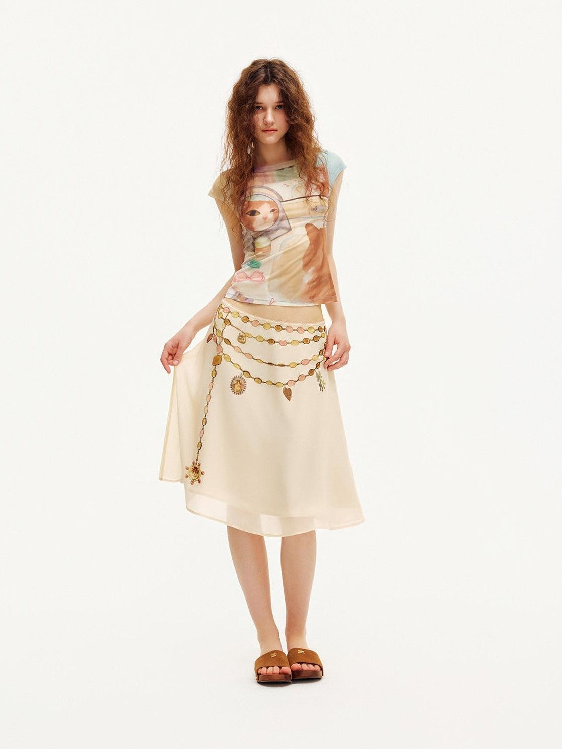 OuttheBlue Double Layer Printed Chiffon Satin Sheer A Line Women&