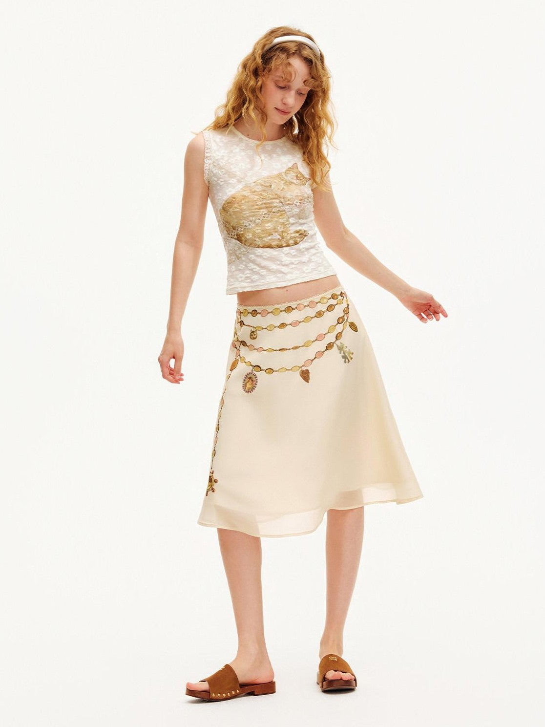 OuttheBlue Double Layer Printed Chiffon Satin Sheer A Line Women&