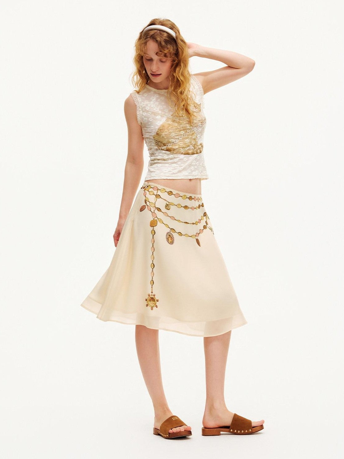 OuttheBlue Double Layer Printed Chiffon Satin Sheer A Line Women&