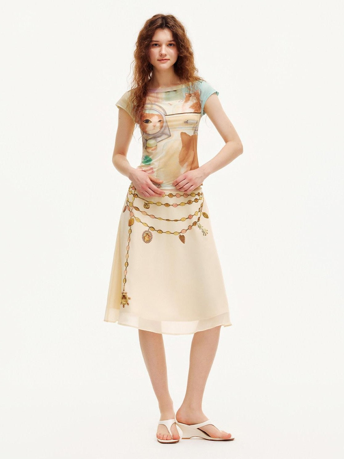 OuttheBlue Double Layer Printed Chiffon Satin Sheer A Line Women&