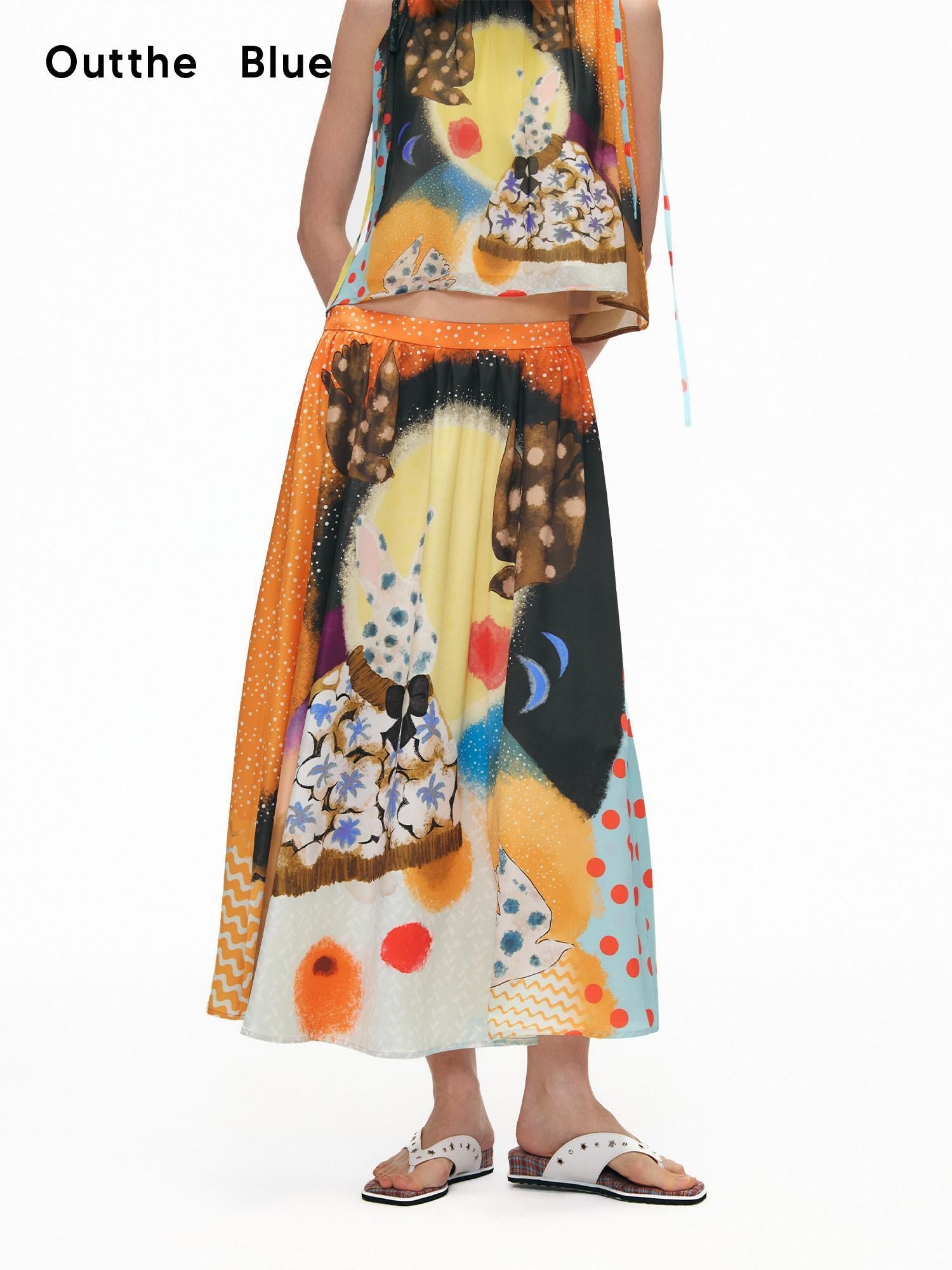 OuttheBlue Elastic Waist High Stretch Printed A Line Skirt Girls Blue Orange Maxi Skirts