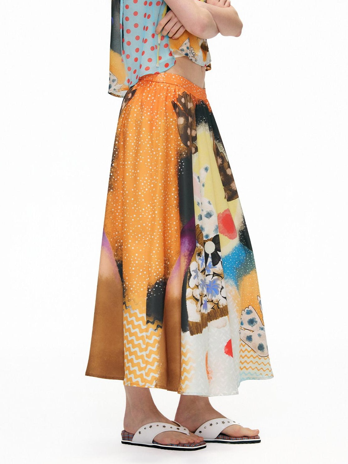 OuttheBlue Elastic Waist High Stretch Printed A Line Skirt Girls Blue Orange Maxi Skirts
