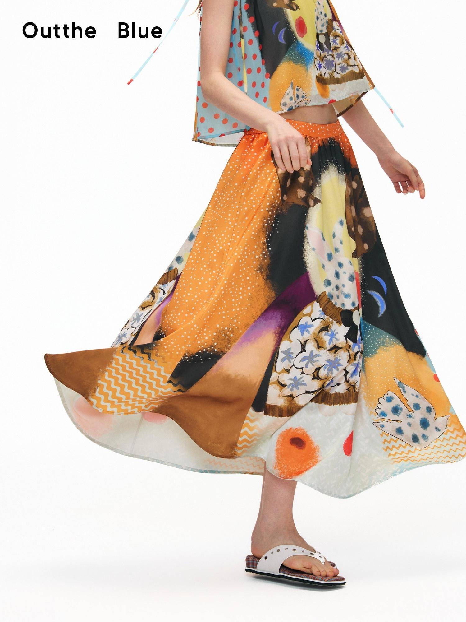OuttheBlue Elastic Waist High Stretch Printed A Line Skirt Girls Blue Orange Maxi Skirts