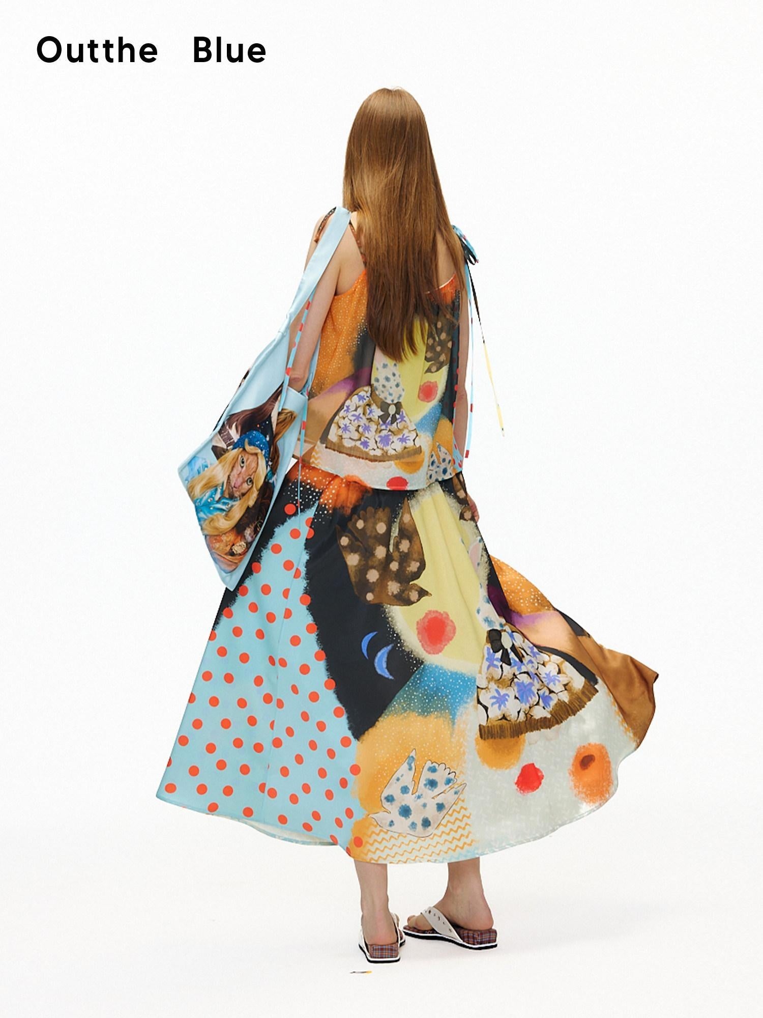 OuttheBlue Elastic Waist High Stretch Printed A Line Skirt Girls Blue Orange Maxi Skirts