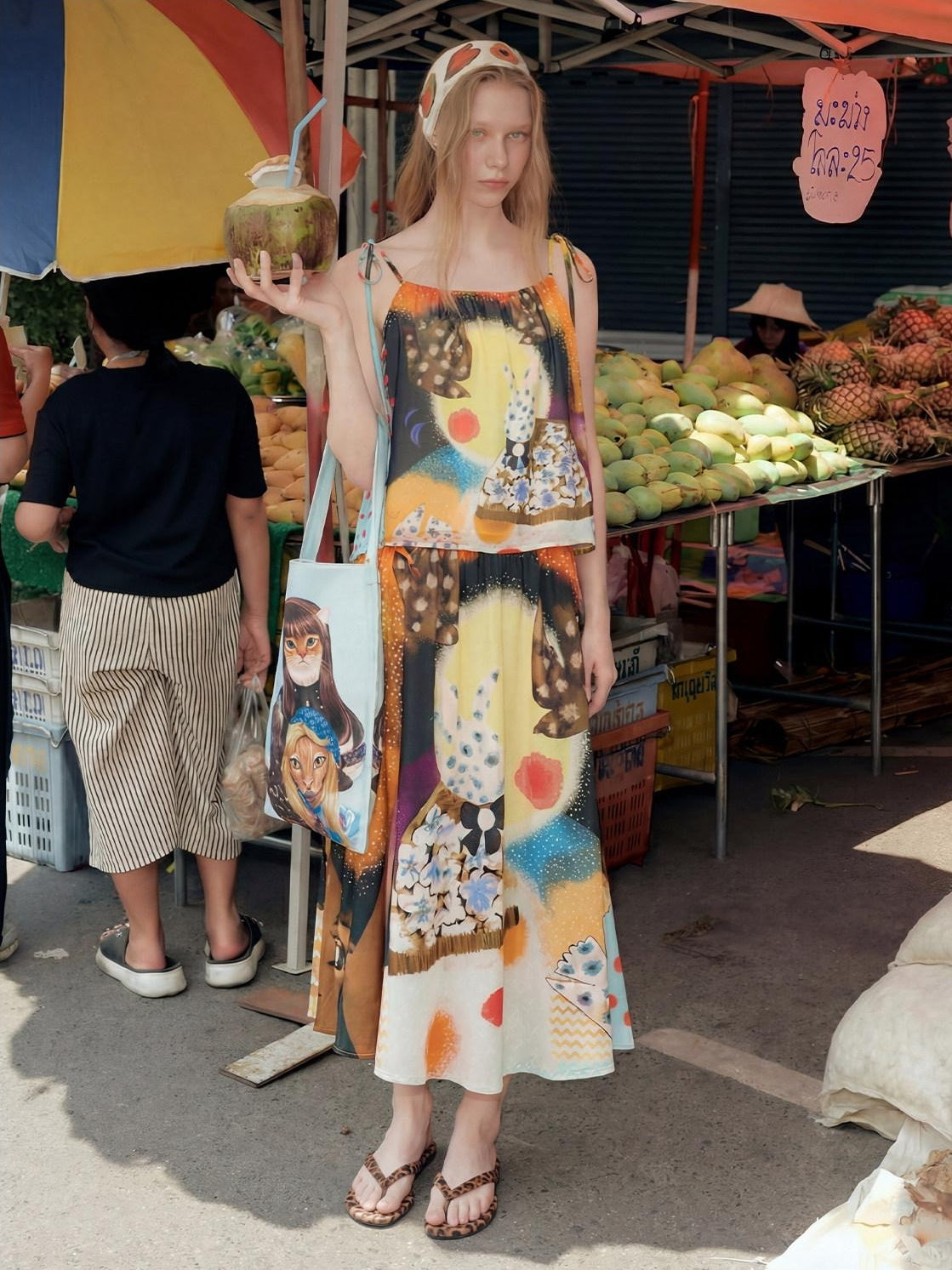 OuttheBlue Elastic Waist High Stretch Printed A Line Skirt Girls Blue Orange Maxi Skirts