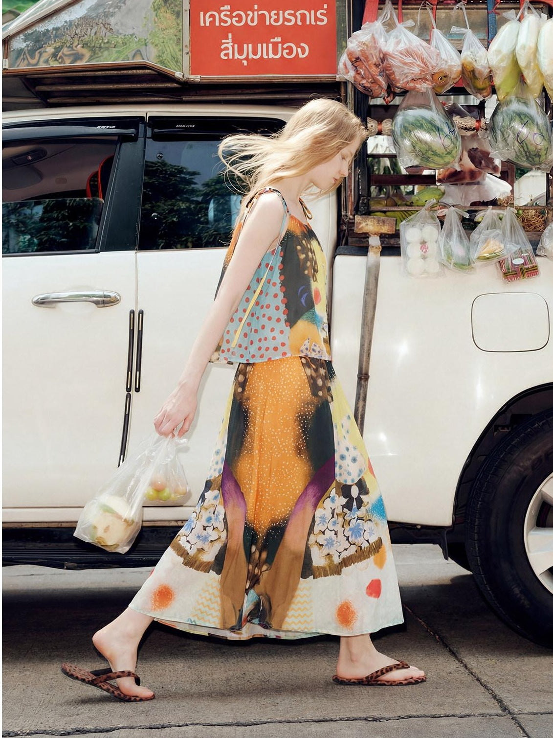 OuttheBlue Elastic Waist High Stretch Printed A Line Skirt Girls Blue Orange Maxi Skirts