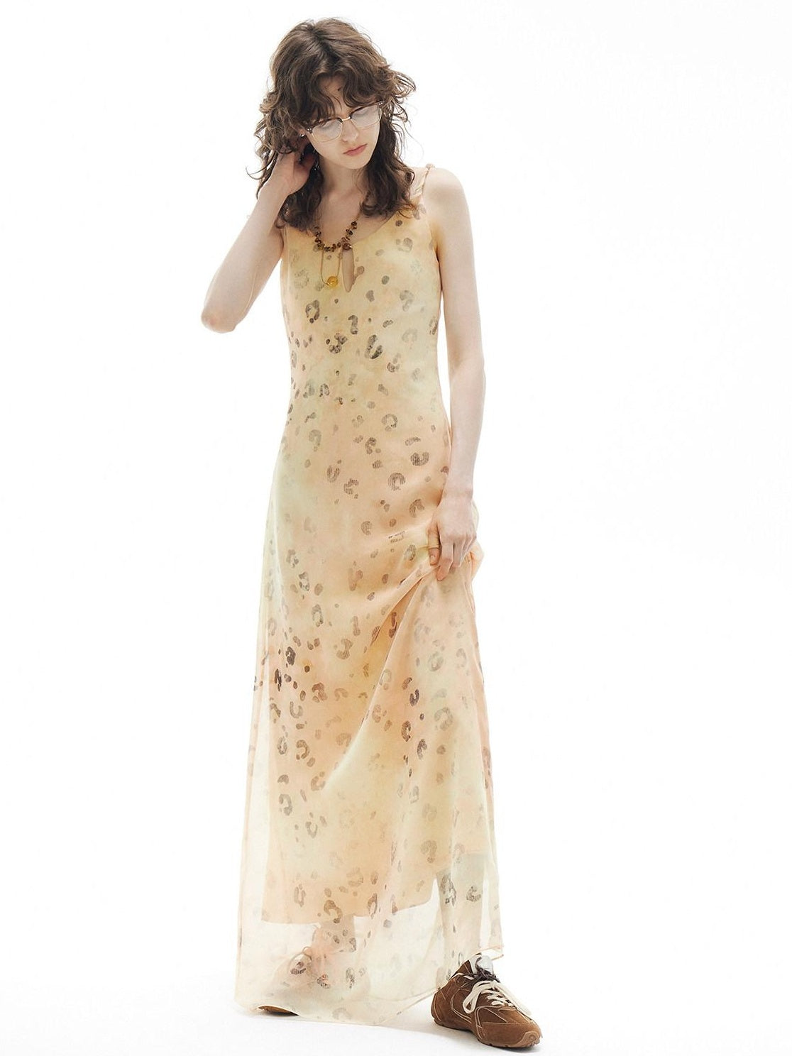 OuttheBlue Elegant Fitted Waist Spaghetti Strap V-neck A Line Almond Print Maxi Dresses