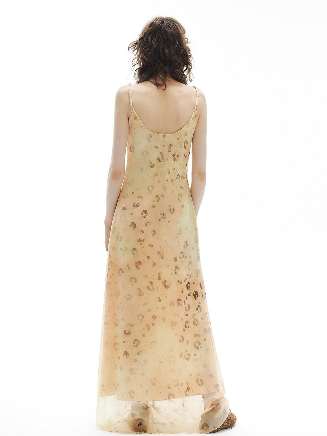 OuttheBlue Elegant Fitted Waist Spaghetti Strap V-neck A Line Almond Print Maxi Dresses
