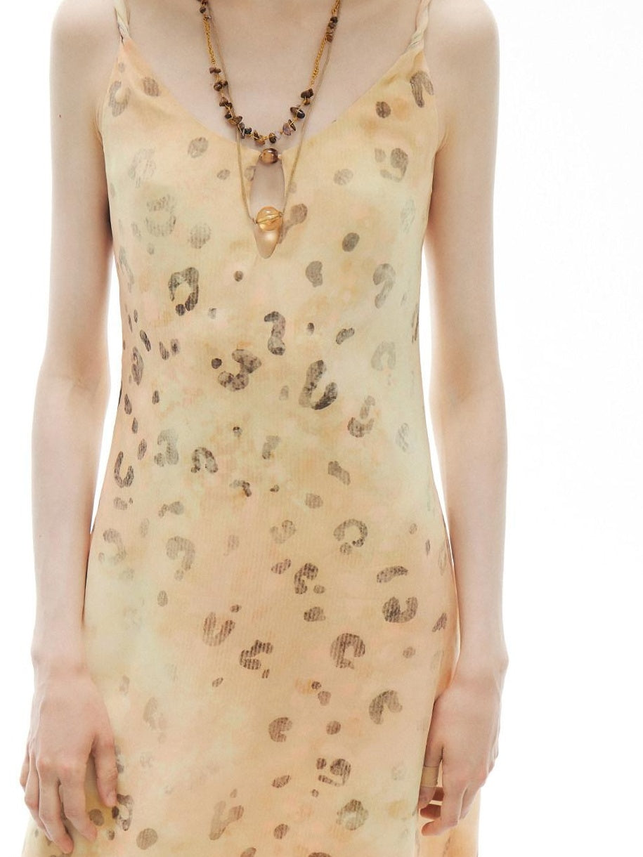 OuttheBlue Elegant Fitted Waist Spaghetti Strap V-neck A Line Almond Print Maxi Dresses