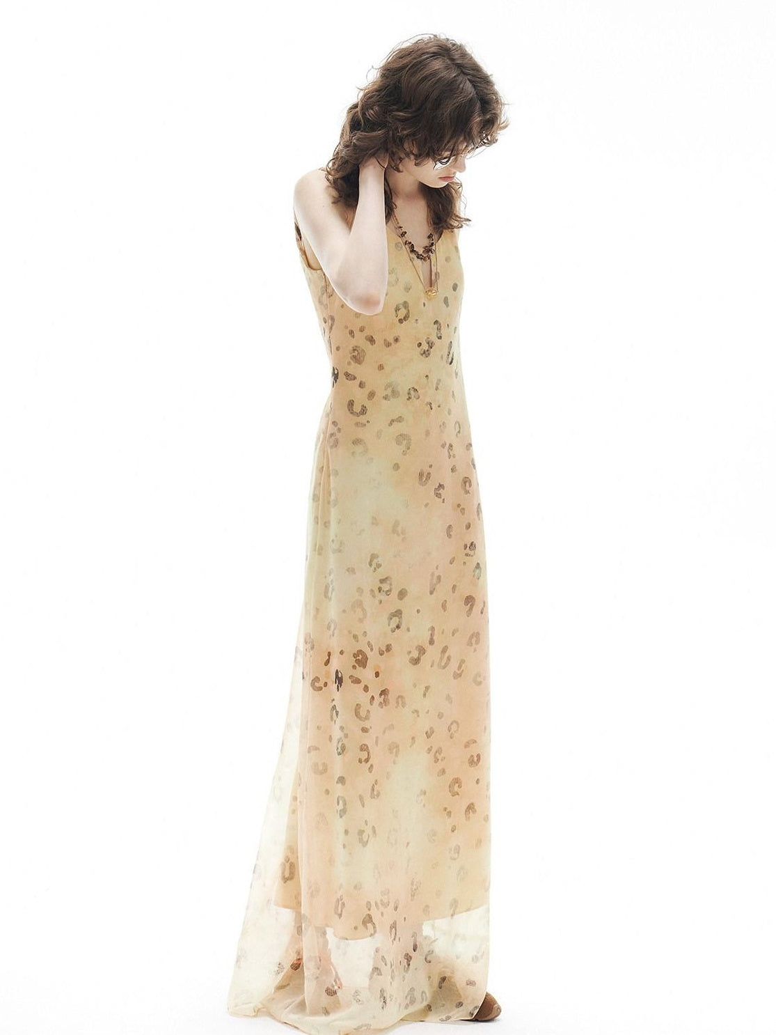 OuttheBlue Elegant Fitted Waist Spaghetti Strap V-neck A Line Almond Print Maxi Dresses